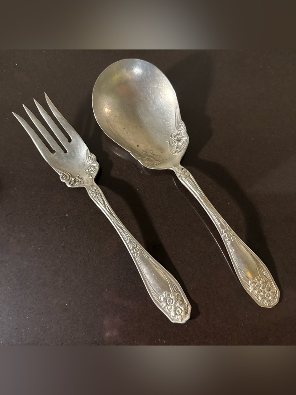 Vintage Roger’s  Floral-Handled Serving Spoon and Fork Set Nickel Silver set